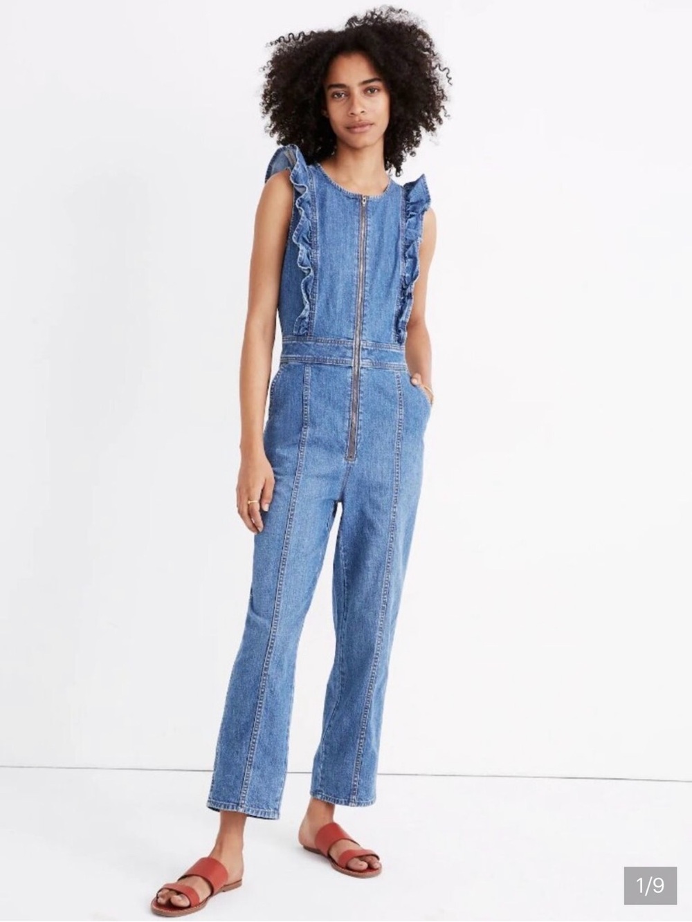 Madewell Denim Ruffle-Sleeve Zip-Front Jumpsuit Stretch Indigo 00